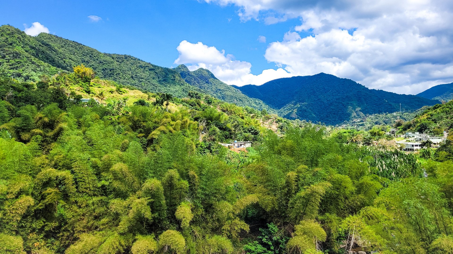 Paisaje tropical de montaña con vegetación exuberante bajo un cielo despejado