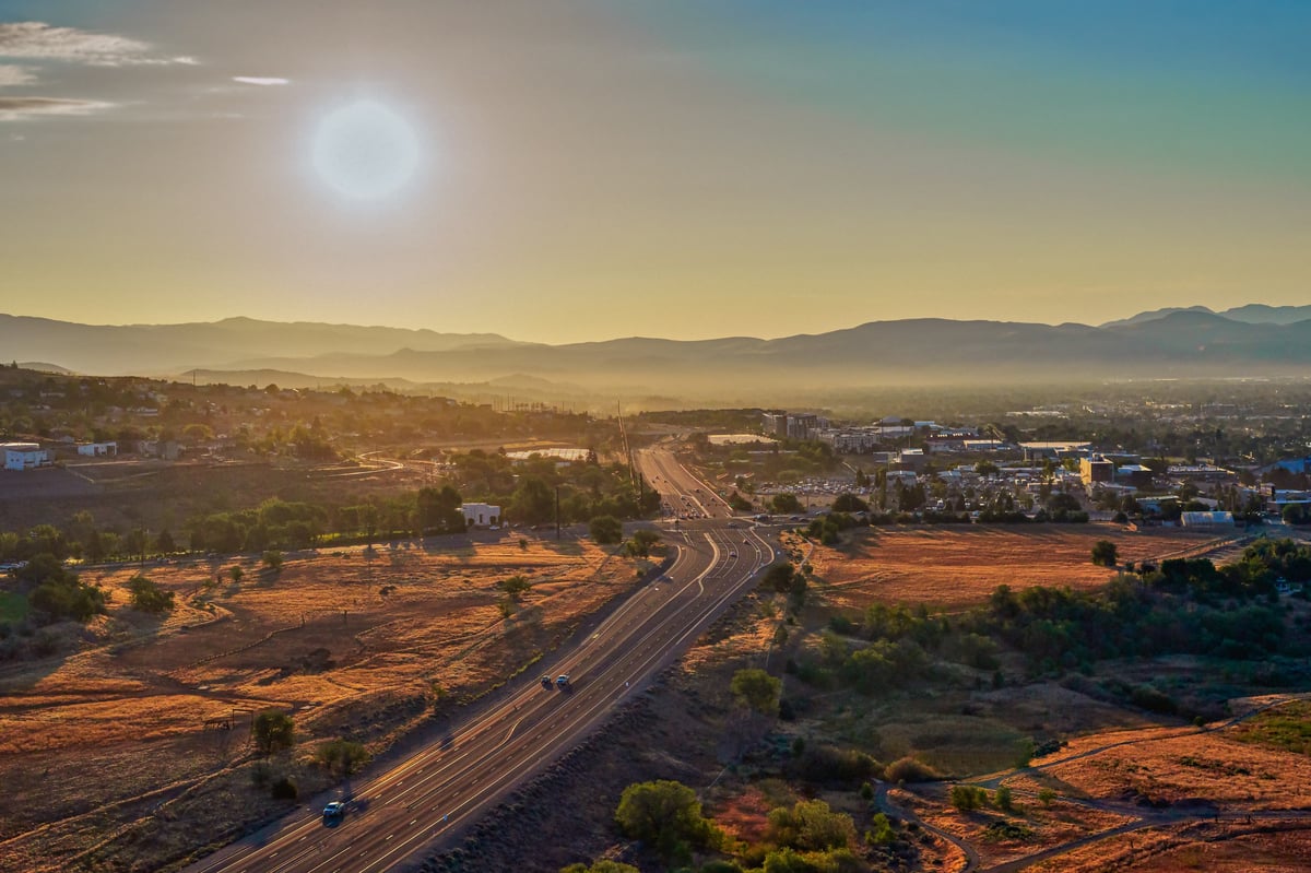 Aerial view of Pleasant Valley near Washoe Lake along Highway 395 near Reno and Carson City Nevada at Sunrise during summertime.