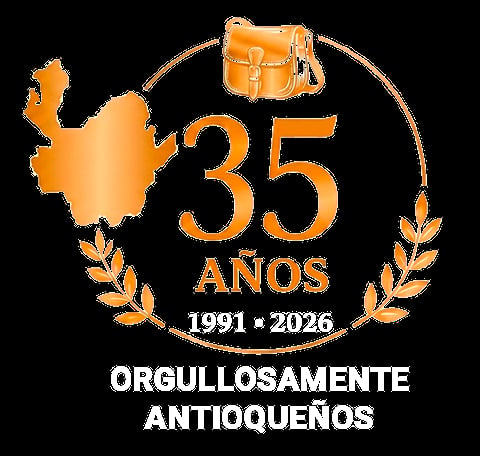 35 años anniversary logo featuring Colombia map, leather bag, laurel wreaths, and text celebrating Orgullosamente Antioqueños 1991-2026
