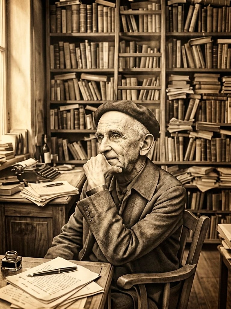 Fernando González Ochoa, hombre mayor en tonos sepia sentado ante un escritorio frente a estantes de libros, con el mentón apoyado en la mano en pose reflexiva
