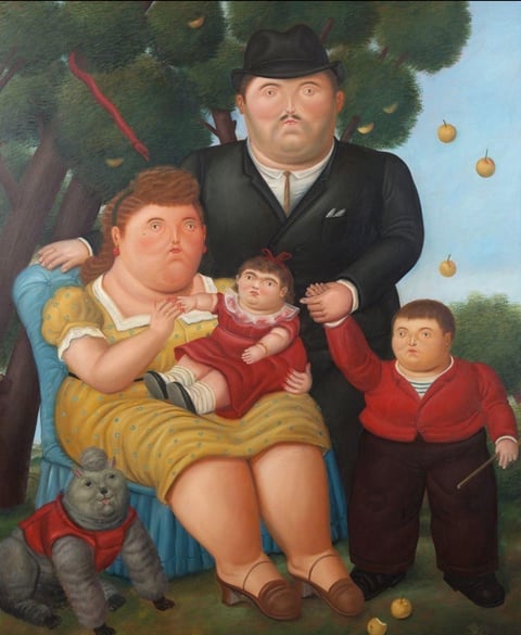 Family portrait in folk art style showing a man, woman, and three children beneath a fruit tree with golden ornaments