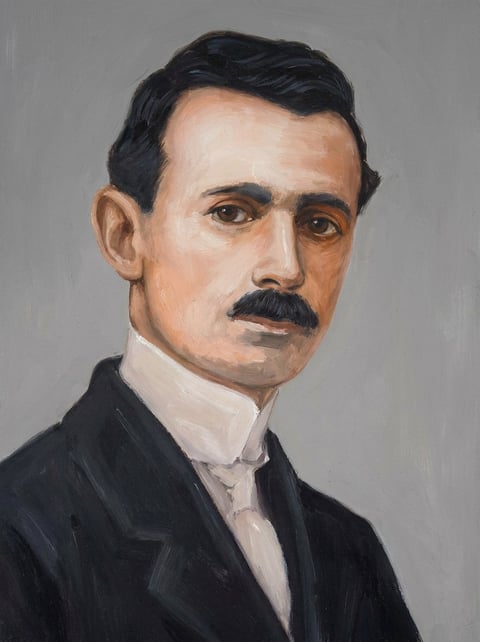 Retrato pintado del doctor Luis López de Mesa con cabello y bigote oscuros, traje negro y camisa blanca sobre fondo gris