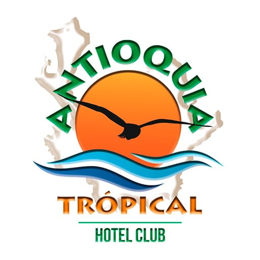 Antioquia Tropical Club logo featuring orange sun, blue waves, bird silhouette, and palm leaves