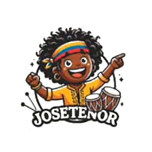 Cartoon character JoseTeNor with afro hair, headband, yellow shirt, holding drumsticks and drum