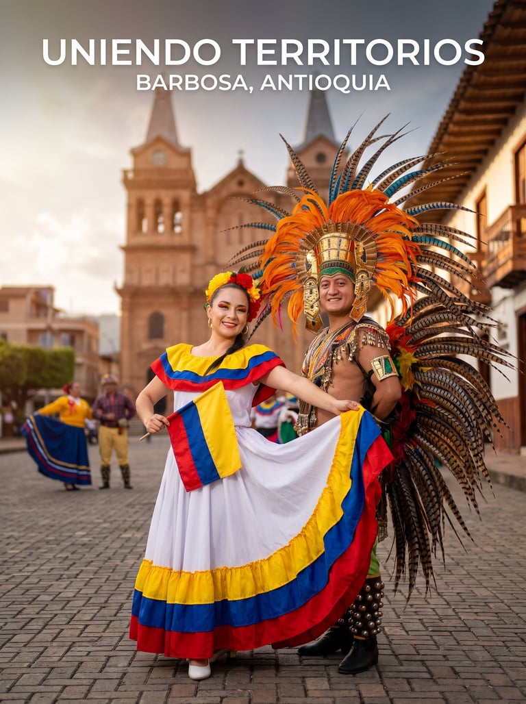 Two people in vibrant Colombian traditional costumes posing in front of a colonial church in Barbosa, Antioquia