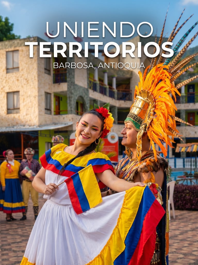Two women in traditional Colombian costumes with yellow and red feathered headdresses at a festival in Barbosa, Antioquia