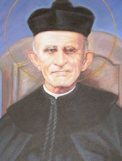 Religious portrait painting of an elderly man wearing black clerical robes and a dark cap, with a gold halo behind his head