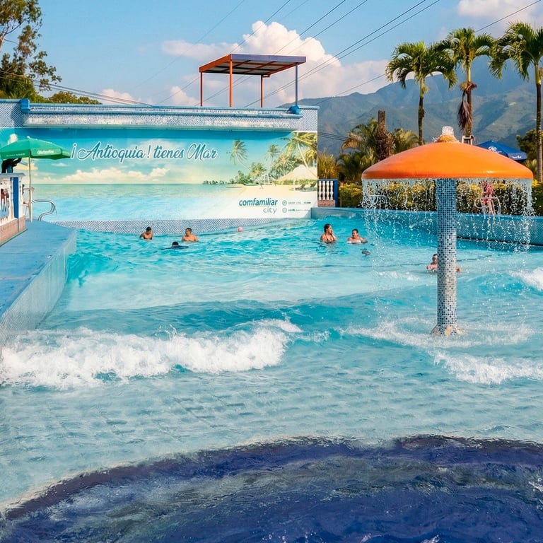 Parque acuático tropical con piscina de olas, sombrilla naranja, palmeras y visitantes nadando en agua turquesa con montañas al fondo
