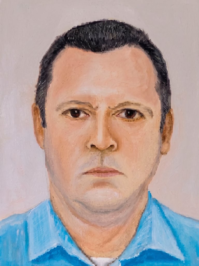 Portrait painting of a man with dark hair wearing a blue shirt against a light gray background