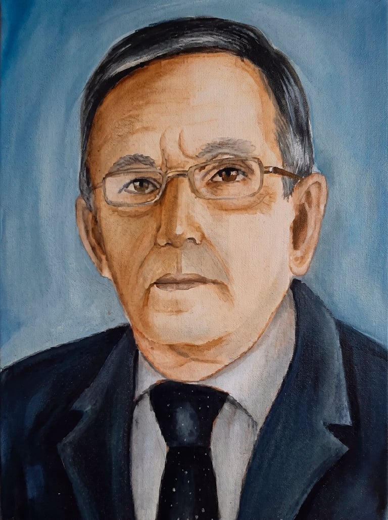 Portrait painting of a middle-aged man wearing glasses, dark suit, and tie against a blue background