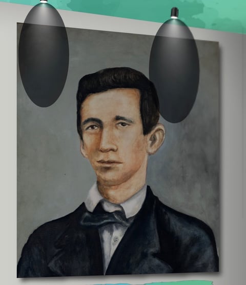 Surreal portrait of a man in formal attire with two black oval shapes positioned above his head like ears or extensions
