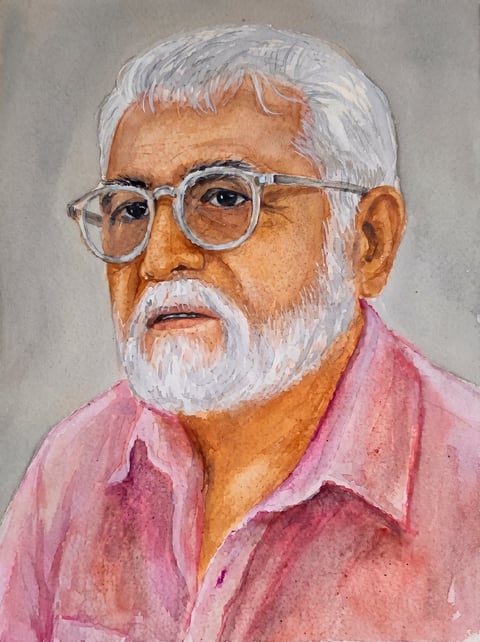 Watercolor portrait of an elderly man with white hair and beard, wearing glasses and a pink shirt