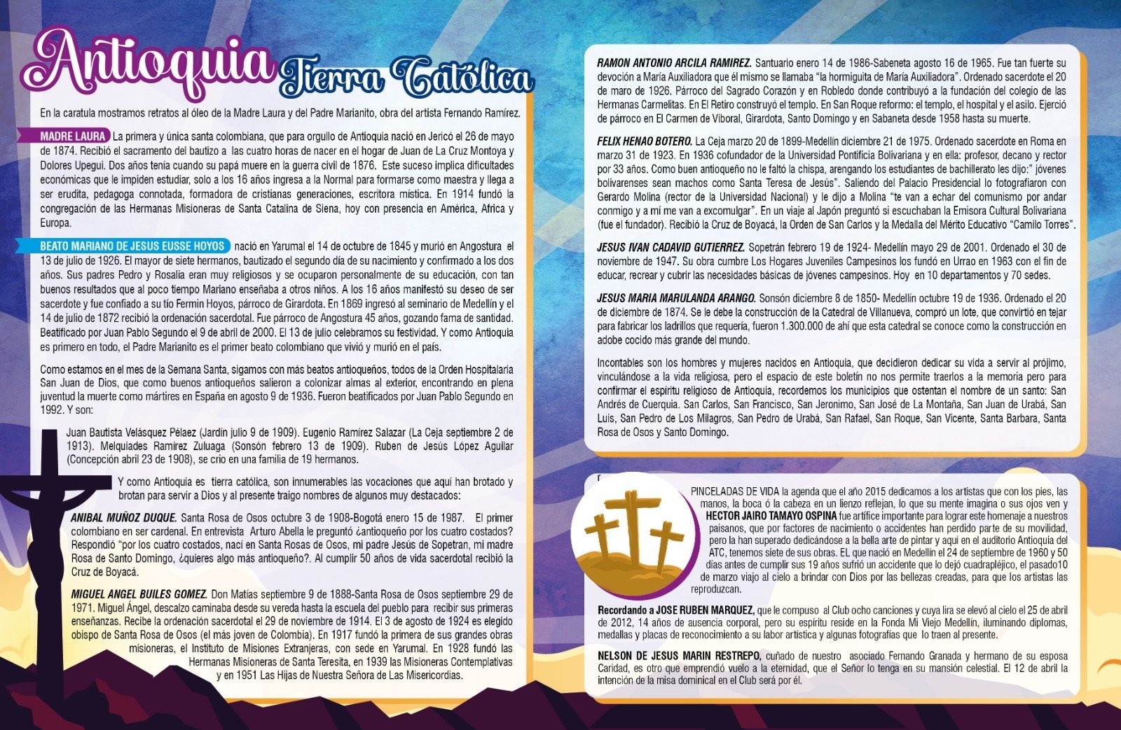 Magazine page about Antioquian Tierra Caliente featuring religious text, cross symbol, and Spanish-language article content