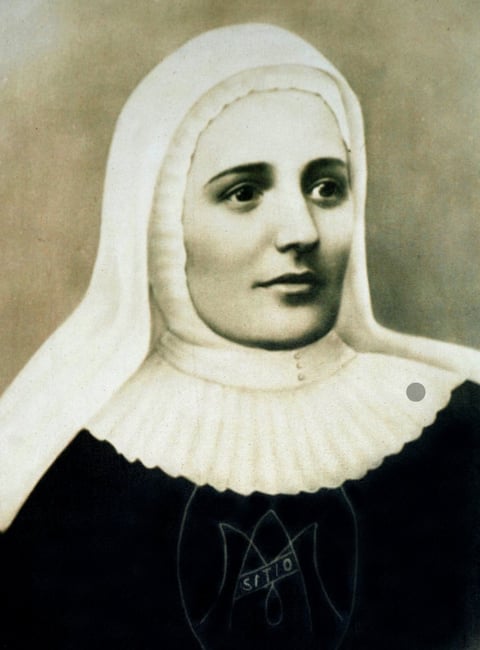 Portrait of a woman wearing a white linen wimple and black dress with ornate white collar, vintage photograph