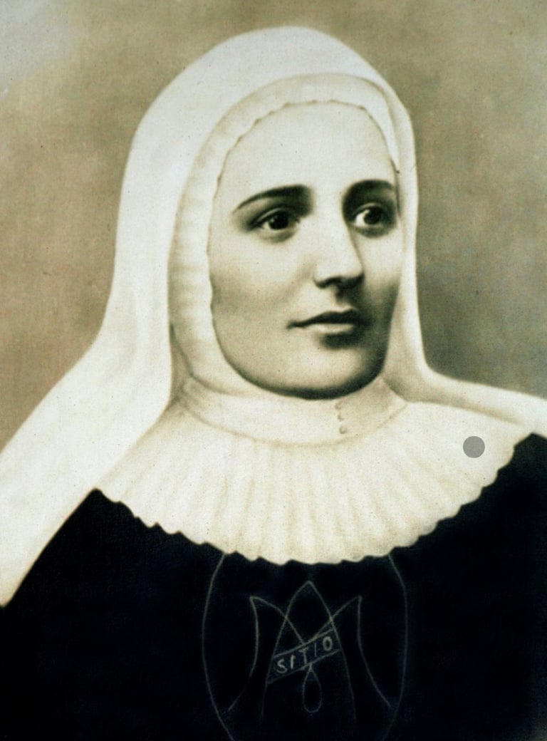 Portrait of a woman wearing a white linen wimple and black dress with ornate white collar, vintage photograph