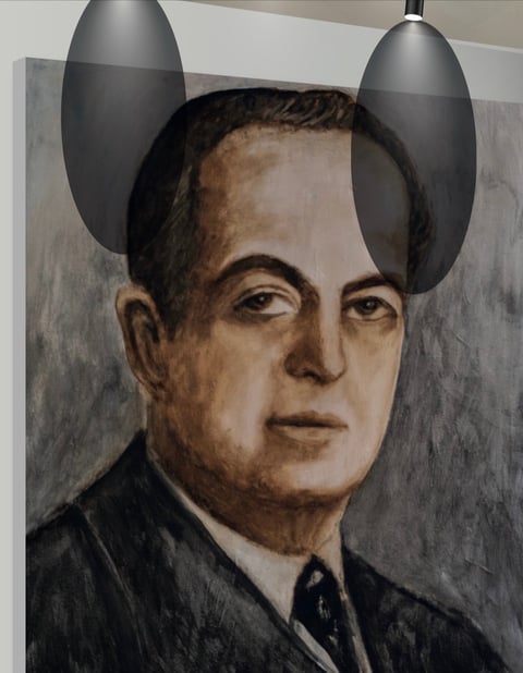 Portrait painting of a man with two gray oval shapes positioned above his head like ears