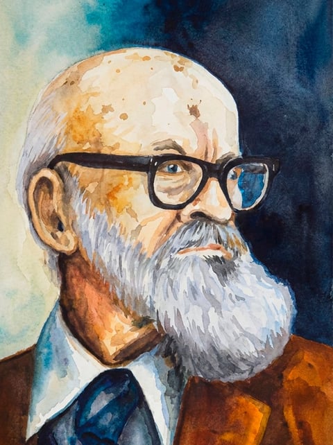 Retrato en acuarela de León de Greiff, hombre mayor con barba blanca, gafas, chaqueta marrón y corbata azul