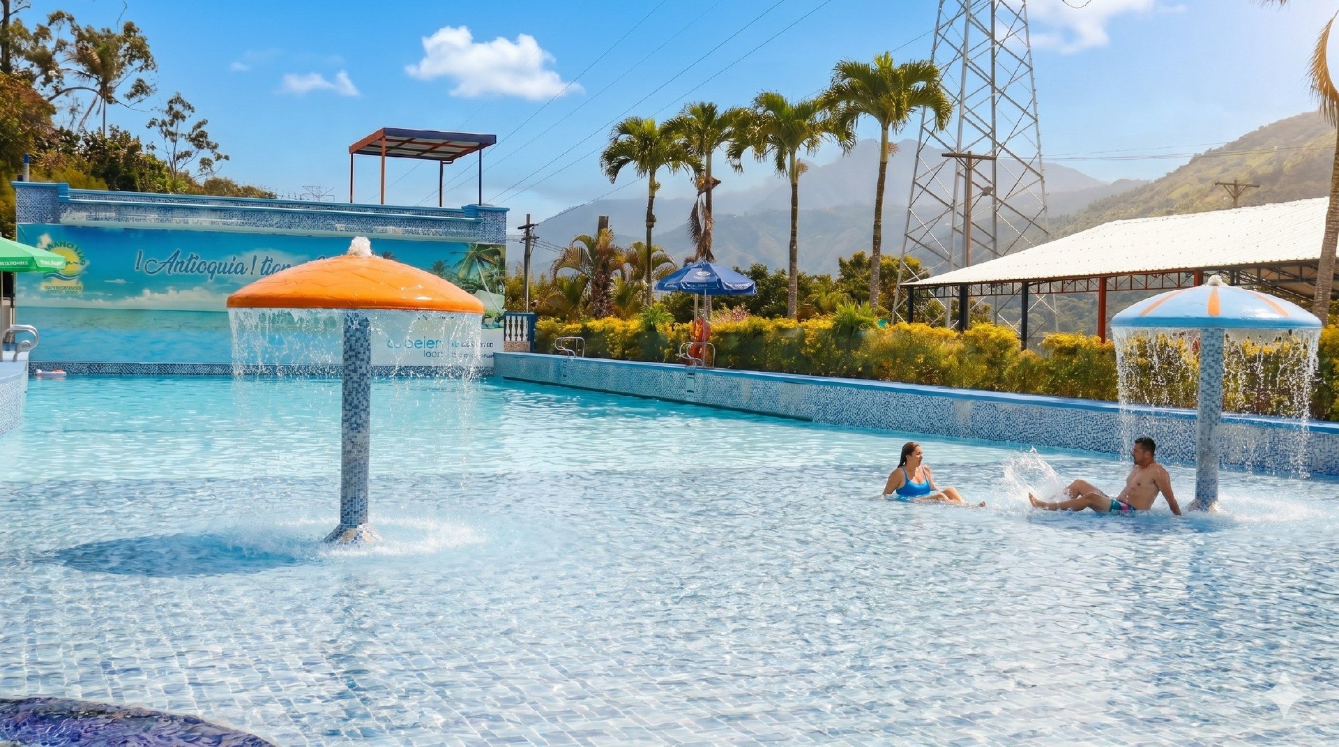 A resort pool area with shallow water, yellow umbrellas, and families swimming under blue skies with palm trees in the background
