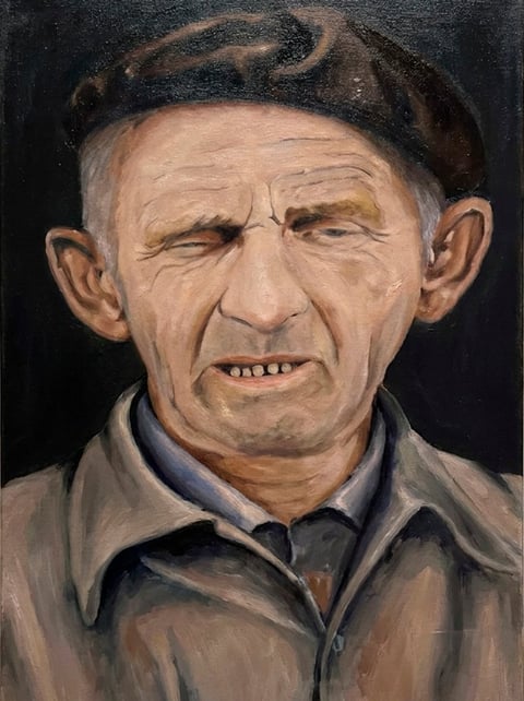 Retrato pintado de Fernando González Ochoa, hombre mayor de rasgos curtidos, con gorra marrón y camisa de cuello sobre fondo oscuro