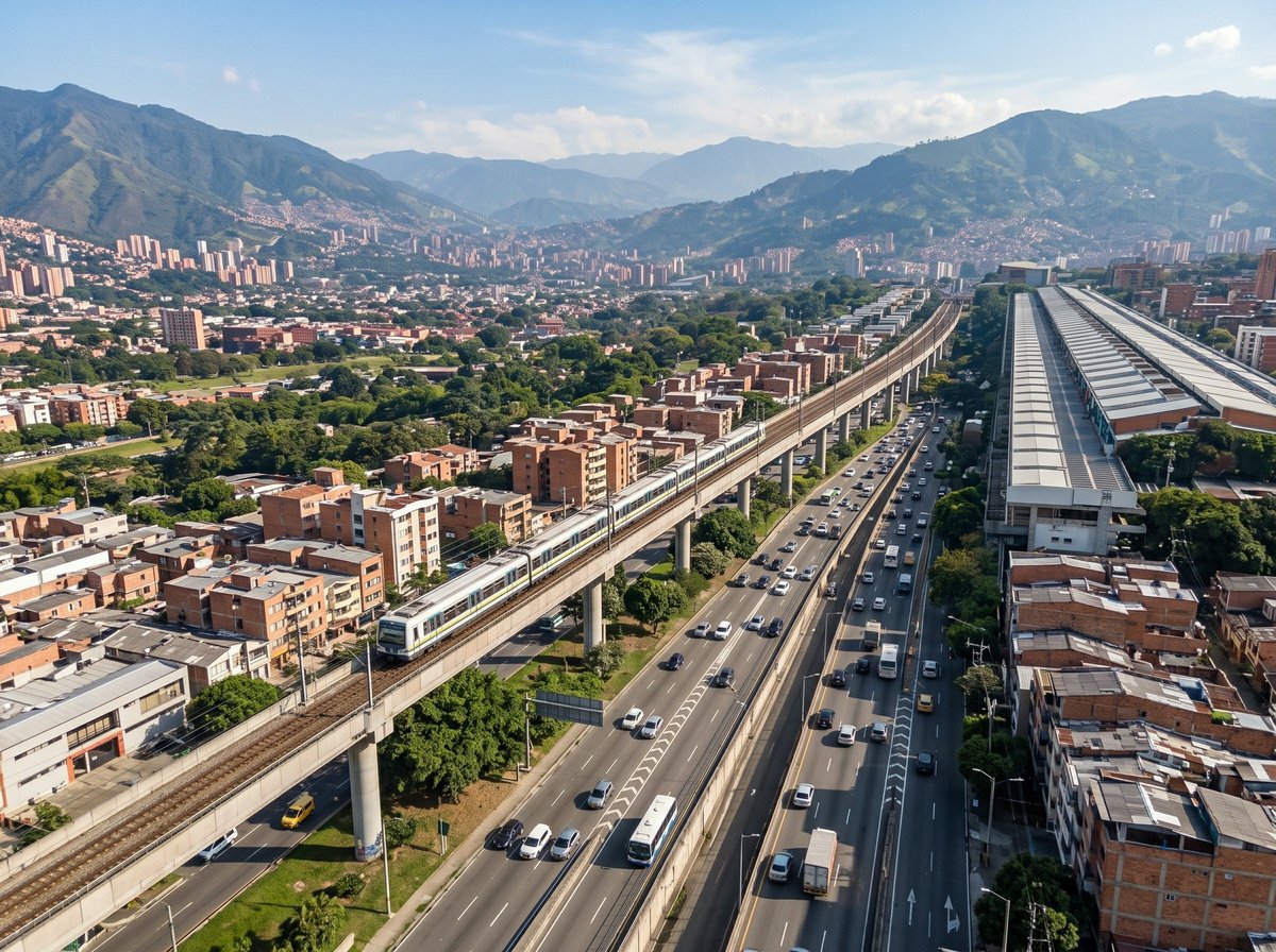 Vista aérea de una moderna autopista elevada con varios carriles de tráfico atravesando un valle urbano densamente construido y rodeado de montañas