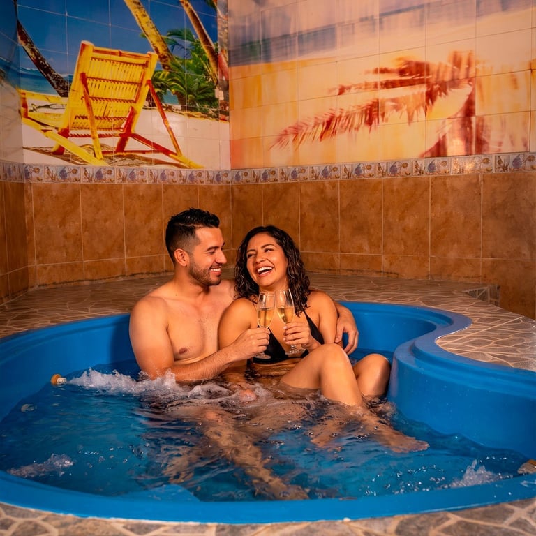 Una pareja relajándose junta en un jacuzzi con vapor, sonriendo y disfrutando en un espacio cubierto