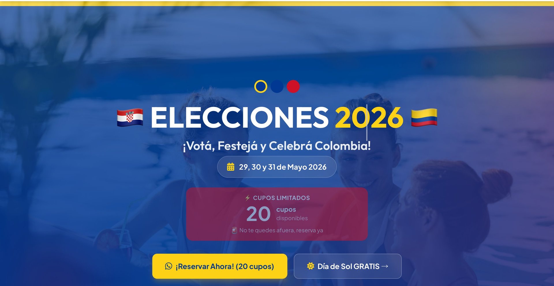 Banner promocional de elecciones Colombia 2026 con fechas May 29-31 y colores de la bandera nacional