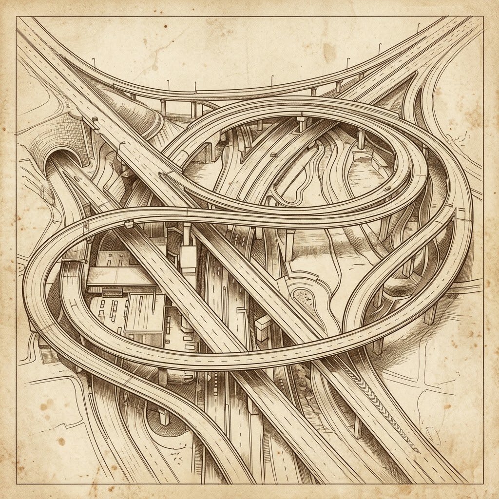 Diagrama al estilo plano arquitectónico de un intercambio vial elevado de varios niveles con carreteras curvas e intersectadas sobre papel envejecido
