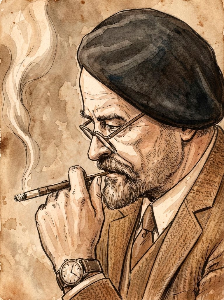 Ilustración vintage de León de Greiff, hombre barbado con gafas, boina negra y traje marrón fumando un cigarro con un reloj de pulsera visible