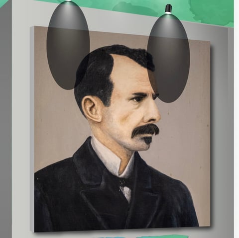Portrait painting of a man with mustache wearing dark suit with two speaker-like objects attached above his head