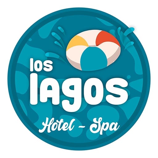 Los Lagos Hotel-Spa logo featuring a teal circular design with stylized eye and beach ball icon