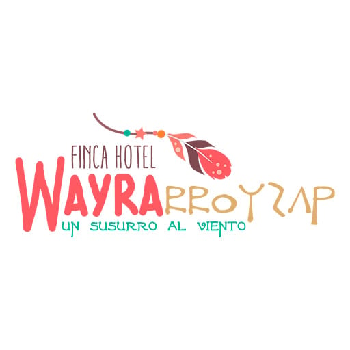 Finca Hotel Wayra Arroyotap logo with colorful text and a feather design, tagline reads un susurro al viento