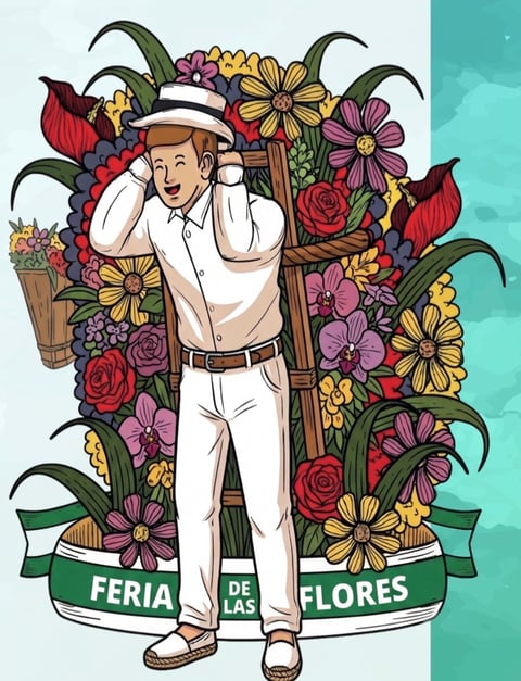 Smiling man in white suit and straw hat surrounded by colorful flowers, holding basket. Banner reads Feria de las Flores