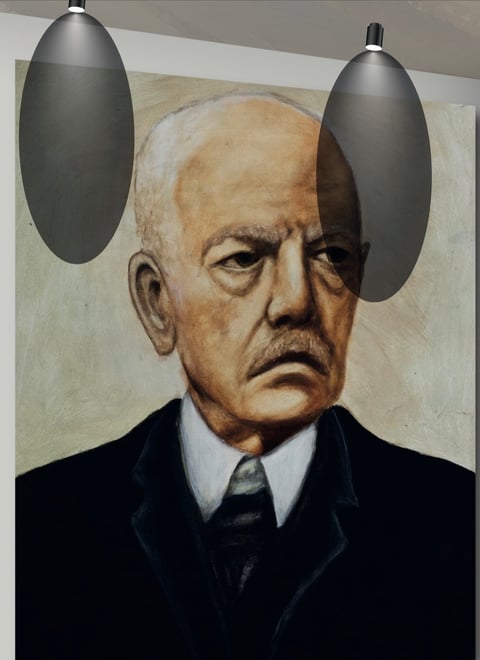 Portrait painting of an elderly man with a stern expression wearing a dark suit, with two metallic ear-shaped sculptures attached to his head
