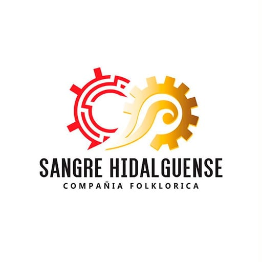 Sangre Hidalguense Compania Folklorica logo featuring red and gold interlocking gears with curved design