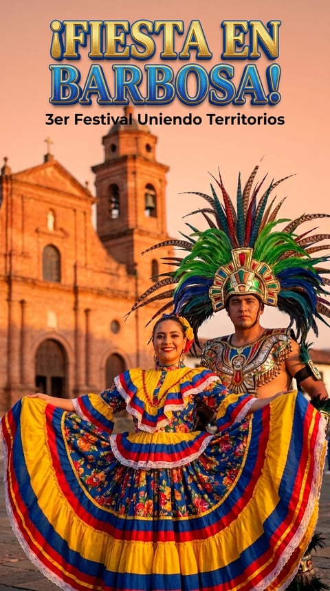 Poster for Fiesta en Barbosa festival showing two people in colorful traditional Colombian clothing with feathered headdress in front of a church